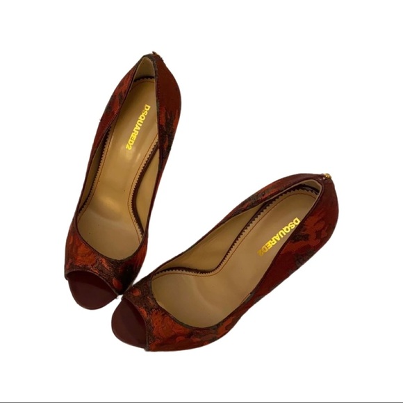 DSquared2 Red Brocade Peep Toe Heels - Picture 4 of 10